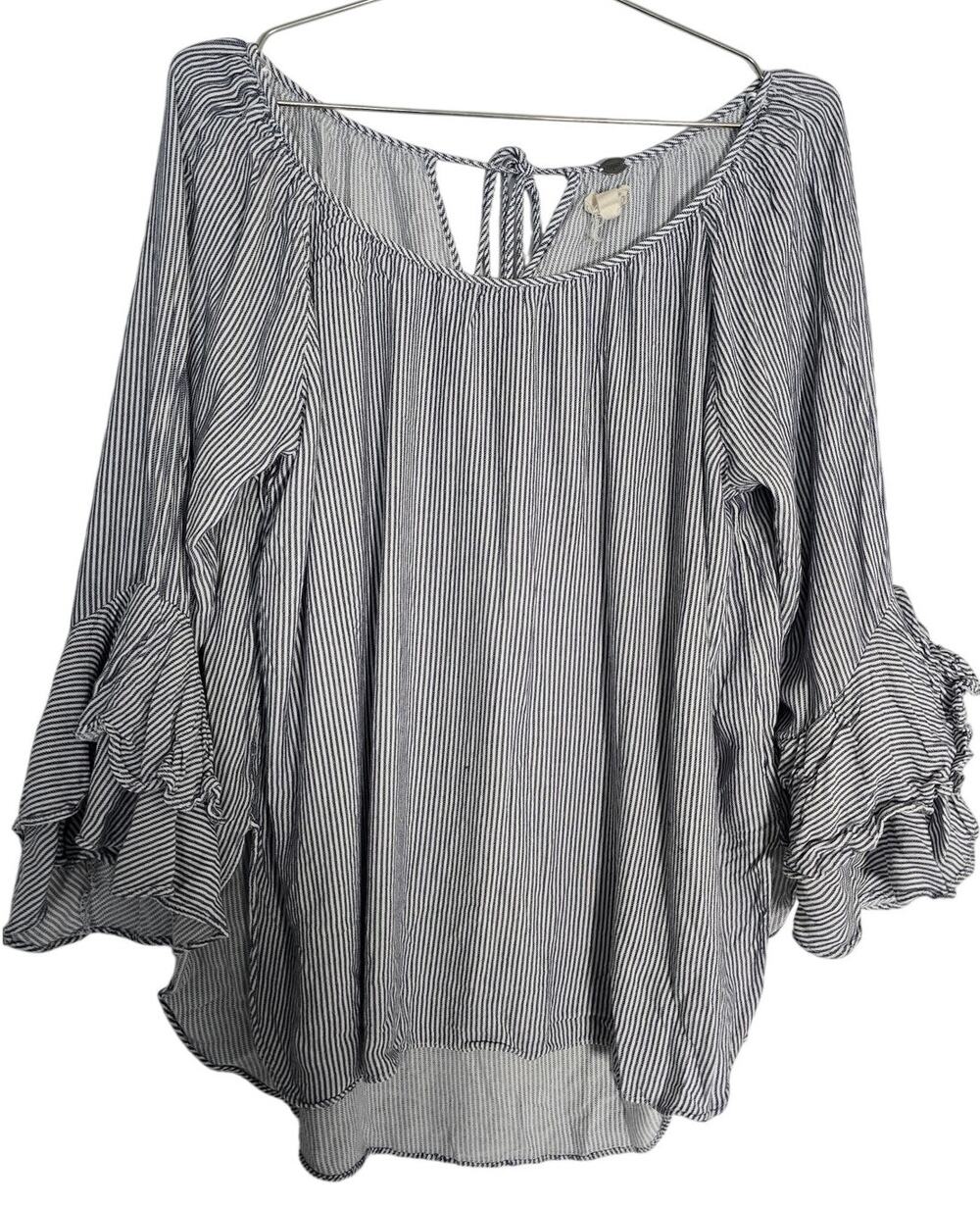 Cupio Women's XL Gray White Striped Bell Sleeve Ruffle Blouse Boho Work Top